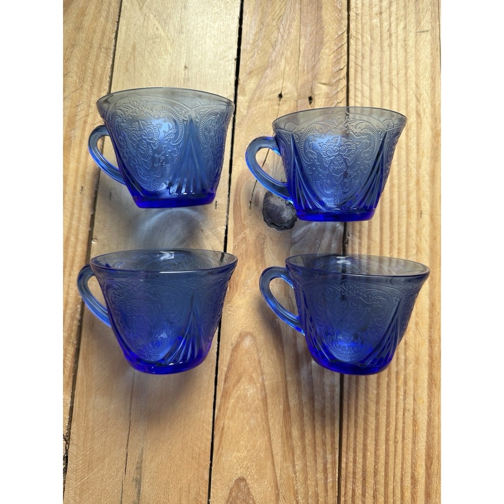 Vintage Depression Hazel Atlas Royal‎ Lace Cobalt Blue Cup Set Of 4